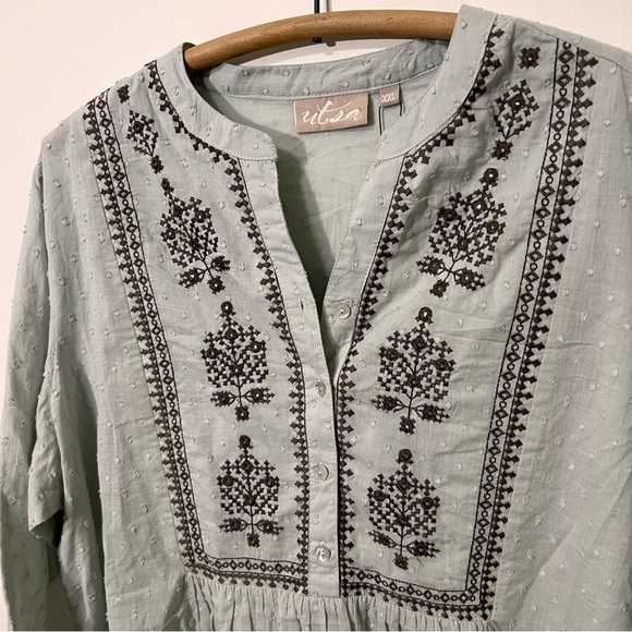 Boho Embroidered Flowy Tunic Top Size XXL Embellish 100% Cotton Blouse UTSA - Picture 5 of 14